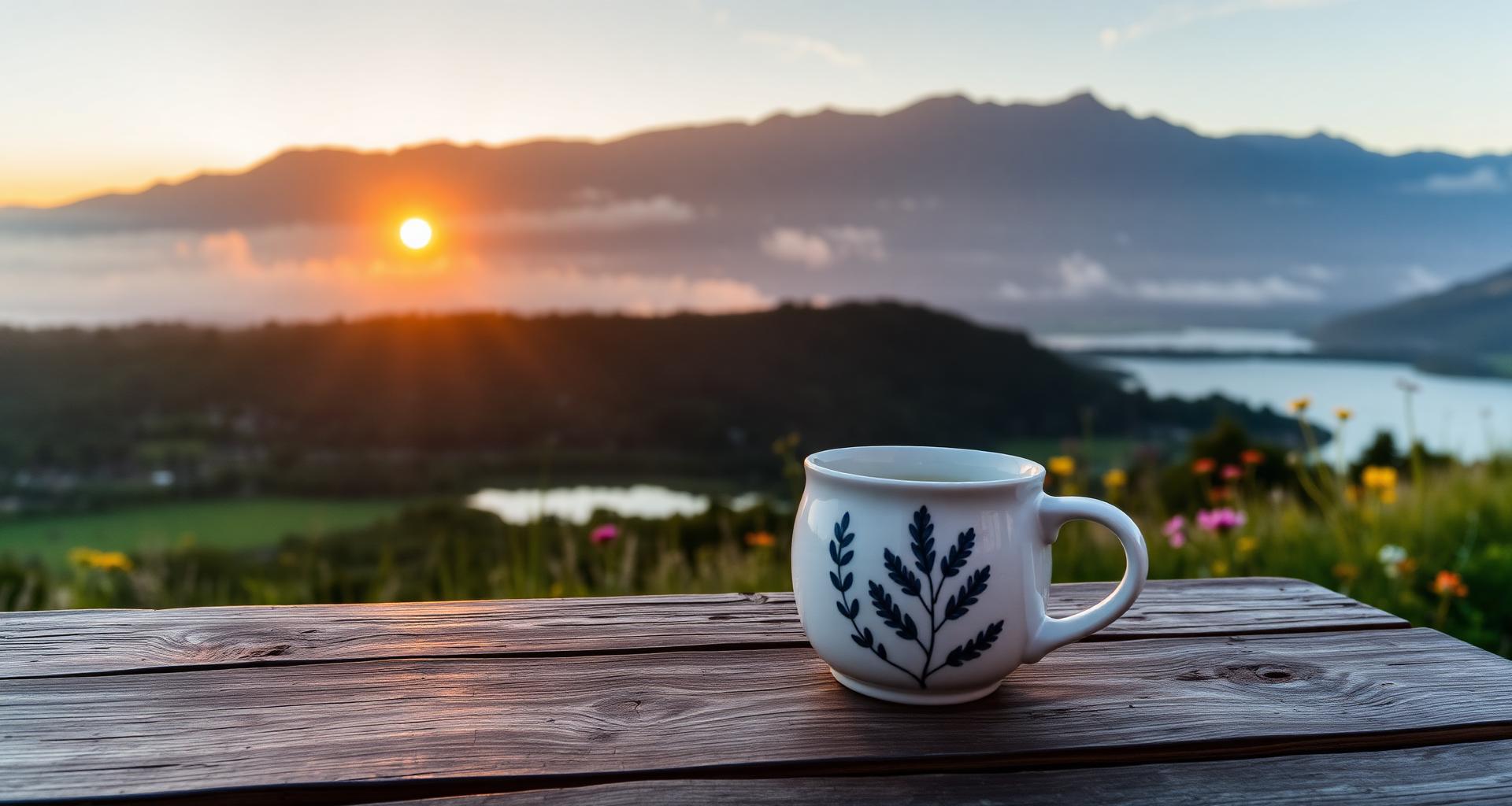 Coffee mug on a wooden table at sunrise overlooking a valley